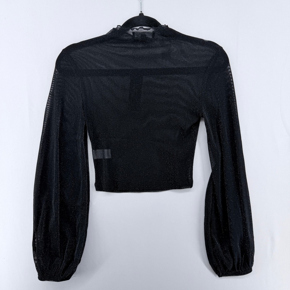 Lulus Black Sheer Mesh Metallic Mock Neck Balloon Sleeve Crop Top Small NWT